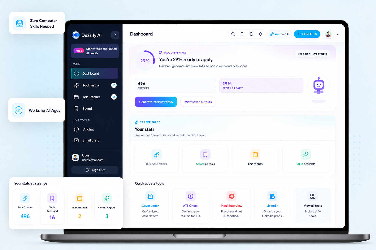 Dezzify AI dashboard with cover letter, ATS check, mock interview, LinkedIn optimizer, and quick access to all career tools